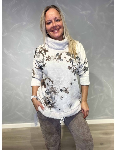 Hvid/brun bluse med plys krave og snøre til kvinder – TIPPY Collection