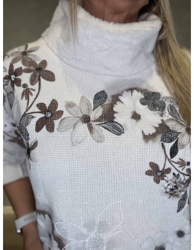 Plys krave og blomsterdetaljer på hvid/brun bluse – TIPPY
