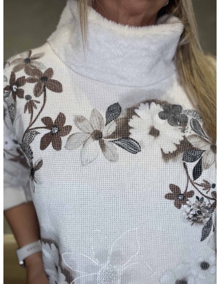 Plys krave og blomsterdetaljer på hvid/brun bluse – TIPPY