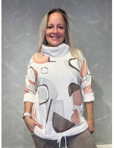 Hvid/multicolor bluse med abstrakt print og plysdetaljer til kvinder – TIPPY Collection