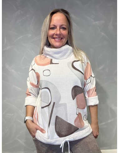 Hvid/multicolor bluse med abstrakt print og plysdetaljer til kvinder – TIPPY Collection