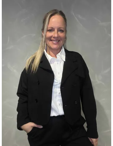 Sort kort jakke med fire knapper til kvinder vist åben – Italian Select