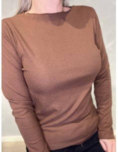 Brun langærmet rib bluse med rund hals til kvinder – TIPPY Collection 2