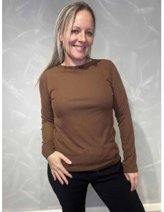 Brun langærmet rib bluse med rund hals til kvinder – TIPPY Collection