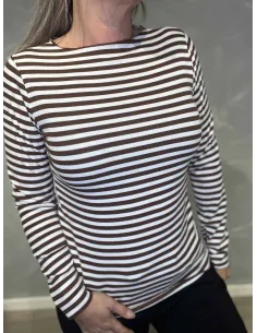 Brun/hvid stribet langærmet rib bluse med rund hals til kvinder – TIPPY Collection 2