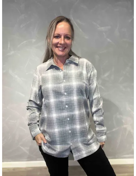 Grå ternet bomuldsskjorte med knapper til kvinder - Design By TIPPY