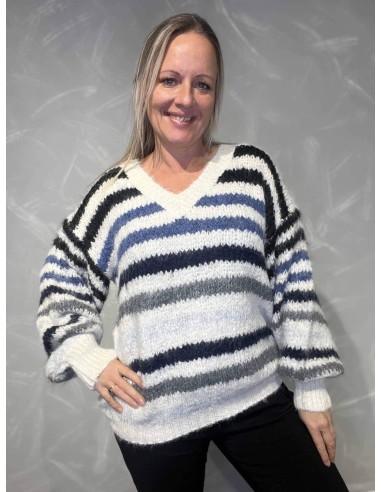 Blå stribet V-hals strik til kvinder – Design by TIPPY