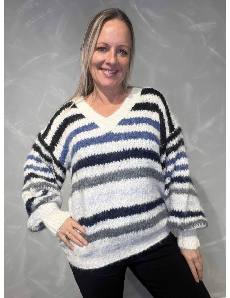 Blå stribet V-hals strik til kvinder – Design by TIPPY