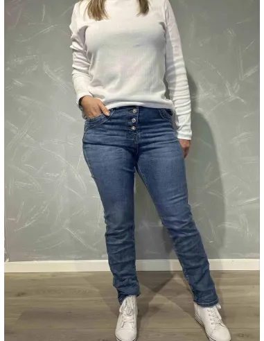 Blå denim jeans med dekorative knapper til kvinder – Karostar