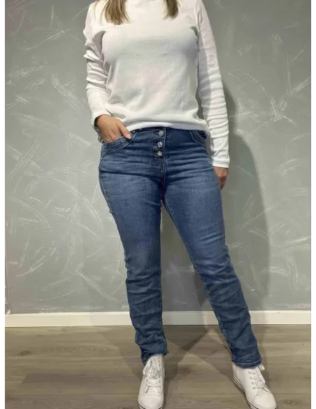Blå denim jeans med dekorative knapper til kvinder – Karostar
