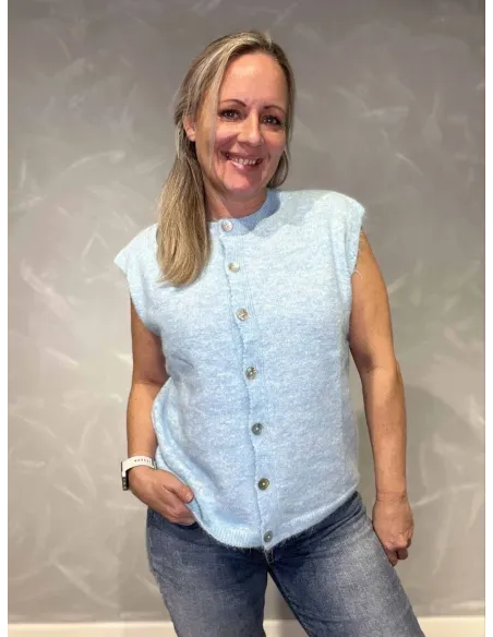 Lys blå strikvest med knapper til kvinder – Tippy Collection