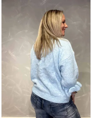 Bagside af lys blå strik cardigan med klokkeærmer – TIPPY