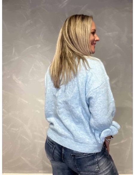 Bagside af lys blå strik cardigan med klokkeærmer – TIPPY