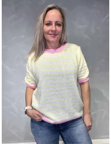 Stribet gul kortærmet strik til kvinder – Tippy Collection