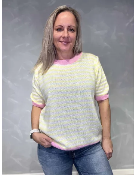 Stribet gul kortærmet strik til kvinder – Tippy Collection