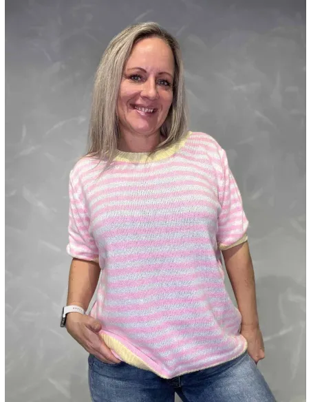 Stribet pink kortærmet strik til kvinder – Tippy Collection