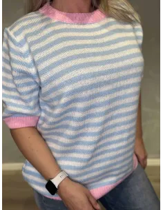 Stribet blå kortærmet strik til kvinder – Tippy Collection 2