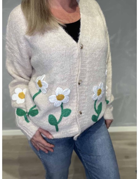 Broderede blomster på beige cardigan – TIPPY”