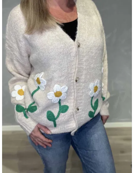Broderede blomster på beige cardigan – TIPPY”