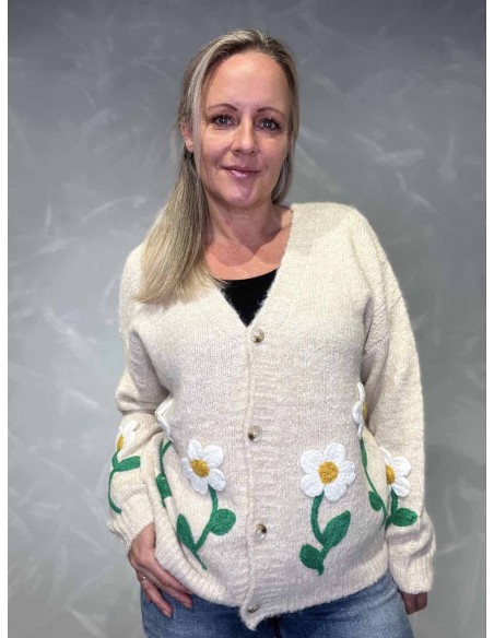 Beige cardigan med broderede blomster til kvinder – Italian Select