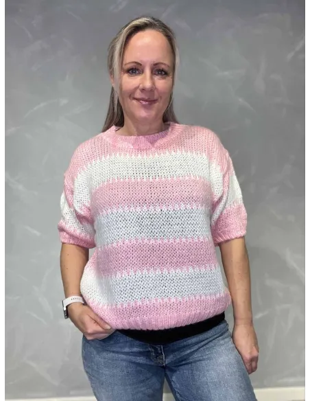 Pink og hvid stribet strik med korte ærmer til kvinder – Tippy Collection