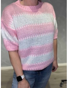 Pink og hvid stribet strik med korte ærmer til kvinder – Tippy Collection 2