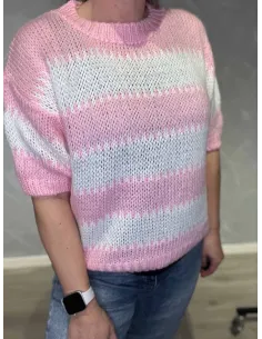 Pink og hvid stribet strik med korte ærmer til kvinder – Tippy Collection 2