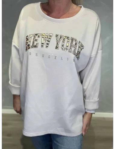 New York dyreprint med sølvtråd på sand sweatshirt – TIPPY