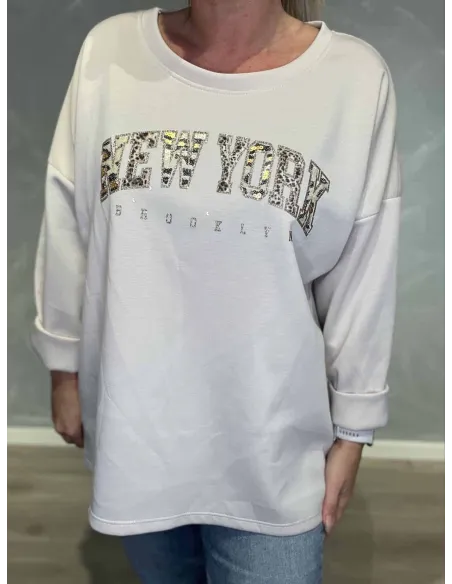 New York dyreprint med sølvtråd på sand sweatshirt – TIPPY