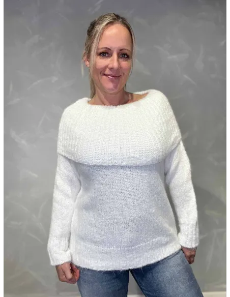 Hvid off shoulder strik med stor krave til kvinder – Tippy Collection