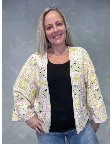 Rosa kombination kort hæklet patchwork cardigan til kvinder – Tippy Italian Select