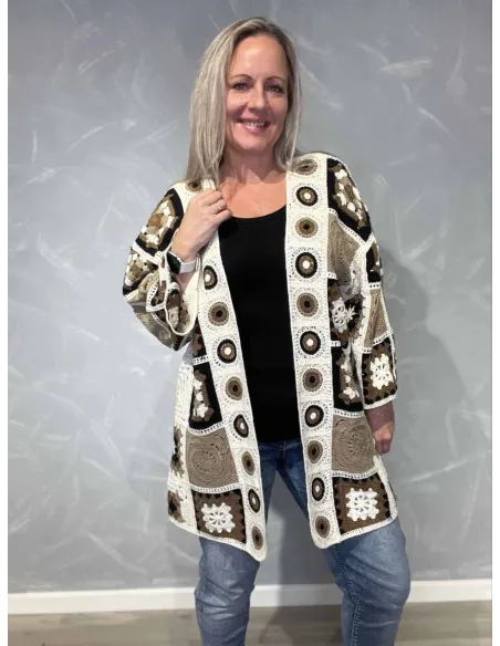 Brun/beige lang hæklet patchwork cardigan til kvinder – Tippy Italian Select