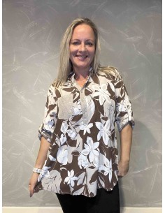 Brun blomster skjortebluse med palietter til kvinder – Tippy Collection