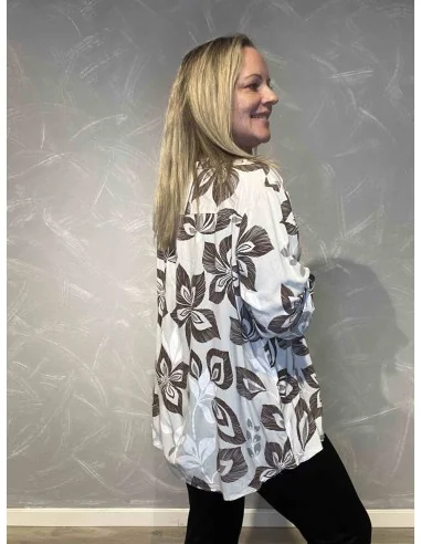 Bagside af beige skjortebluse med brune blomster til kvinder – TIPPY