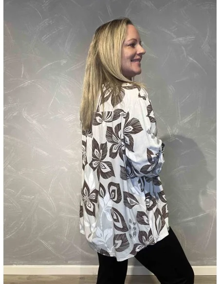 Bagside af beige skjortebluse med brune blomster til kvinder – TIPPY