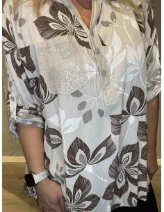 Beige skjortebluse med brune blomster og palietter til kvinder – Tippy Collection 2