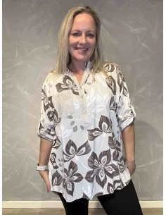 Beige skjortebluse med brune blomster og palietter til kvinder – Tippy Collection