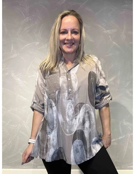 Beige og grå skjortebluse med mønster og palietter til kvinder – Tippy Collection