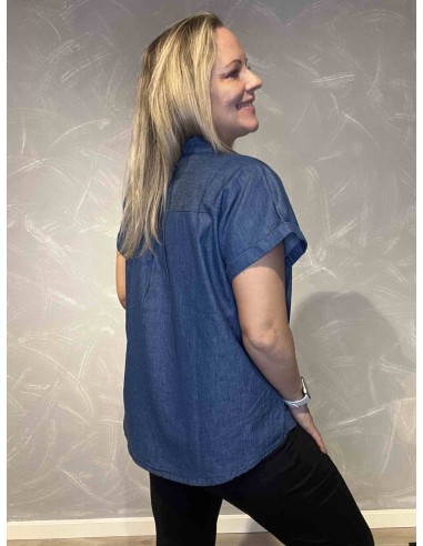 Bagside af denim kortærmet skjortebluse til kvinder – TIPPY