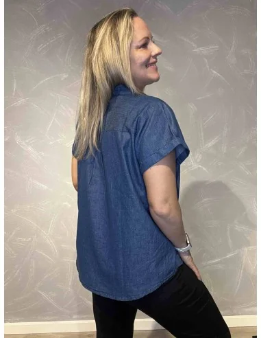 Bagside af denim kortærmet skjortebluse til kvinder – TIPPY