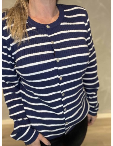 Knapper på navy strik cardigan med striber – TIPPY