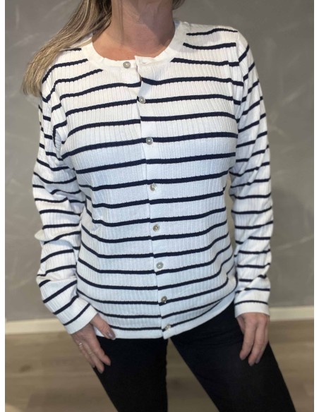 Knapper på milk strik cardigan med navy striber – TIPPY