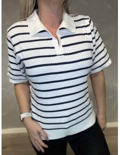 Milk/navy rib strik med krave og striber til kvinder – TIPPY Design 2