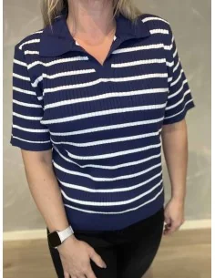 Navy rib strik med krave og hvide striber til kvinder – TIPPY Design 2