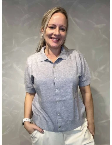 Lys grå cardigan i let strik med krave til kvinder – TIPPY Design