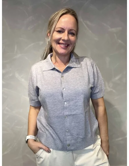 Lys grå cardigan i let strik med krave til kvinder – TIPPY Design