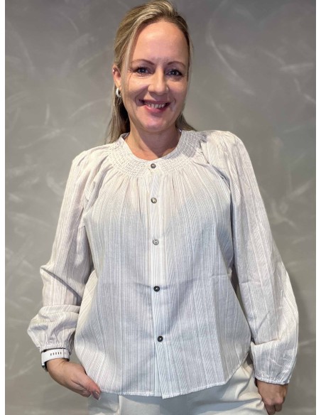 Beige stribet skjorte med smock hals til kvinder – TIPPY Design