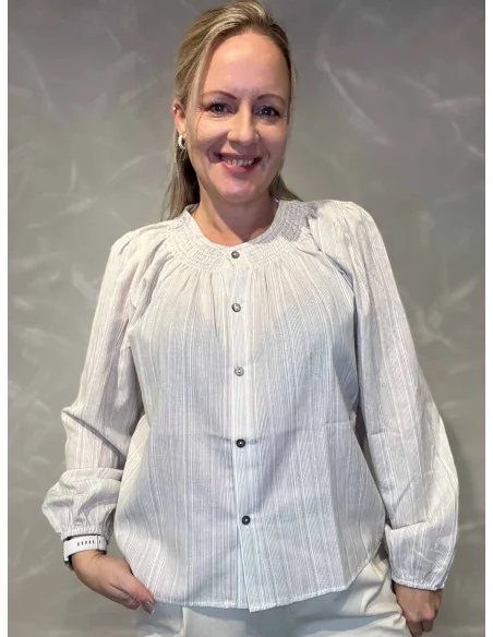 Beige stribet skjorte med smock hals til kvinder – TIPPY Design