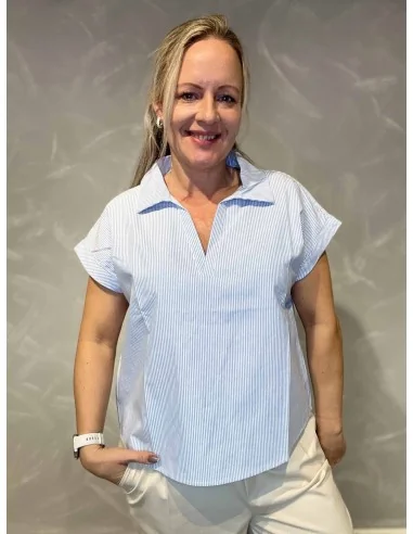 Blå stribet bluse med korte ærmer til kvinder – TIPPY Design
