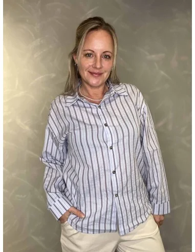 Blå classic stripe skjorte med krave til kvinder – Design by TIPPY